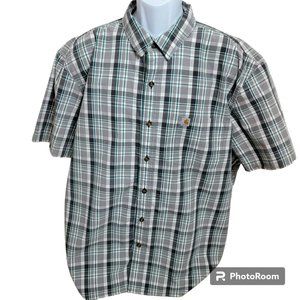 Carhartt Button Down Shirt, Men, 2XL, Green and Gray Plaid, Short Sleeve, EUC